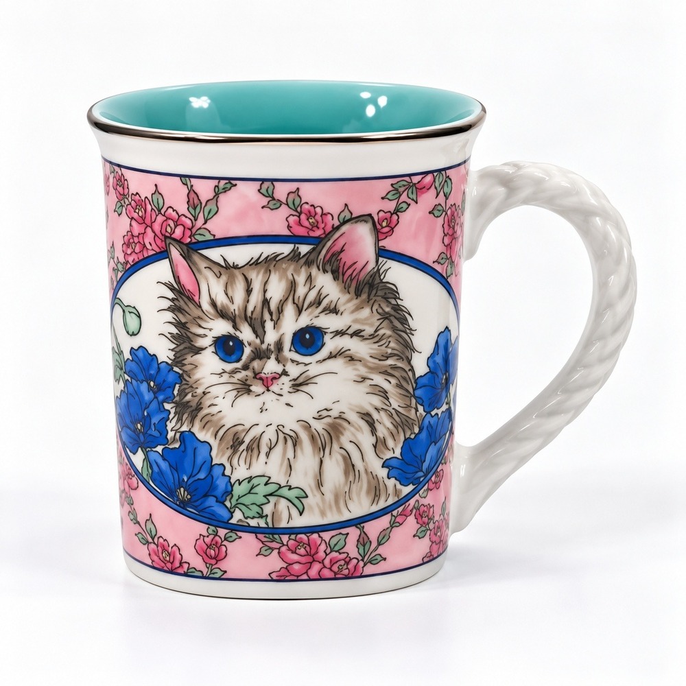 Vintage Cottagecore Cat Mug Pink Floral Blue Eyed Kitten Grannycore